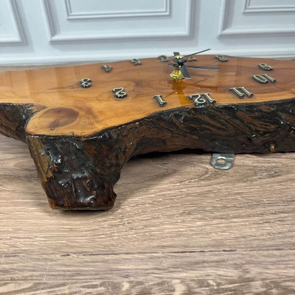Live Edge Wood Epoxy Wall Clock Brown Glossy Resin Rustic Slab